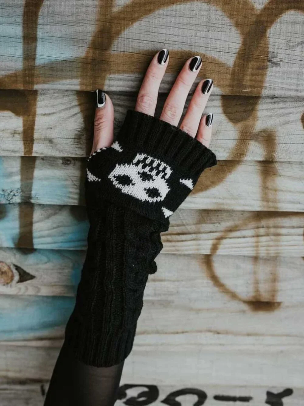 Knitted Skull & Crossbones Fingerless Gloves for Women